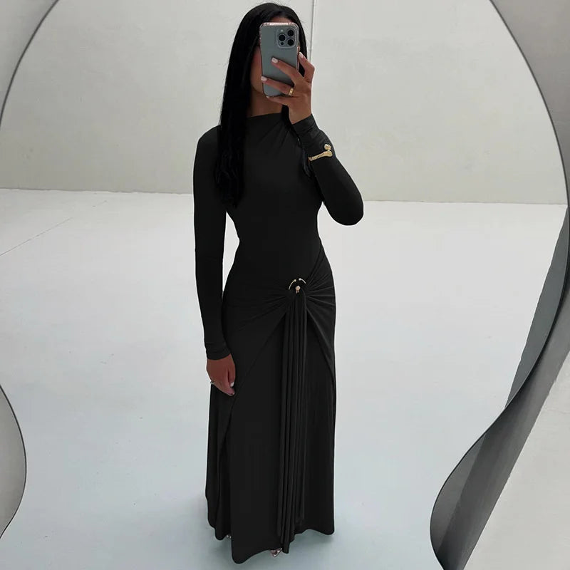 Mozision Elegant Long Sleeve Ruched Sexy Maxi Dress Women Gown Autumn Fashion Draped Bodycon Long Dresses Female Clothing