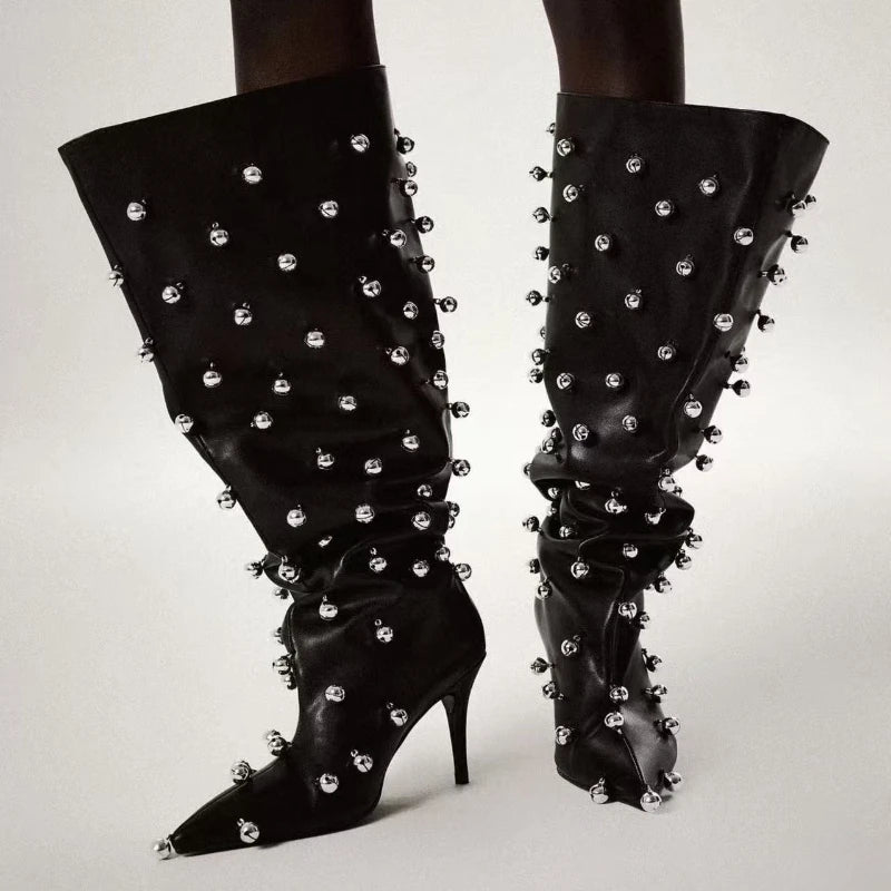 European Niche Design, High-quality Slim High Heels, Wide Knee Boots, Women's Fashionable and Sexy Studded Pleated Sleeve Boots