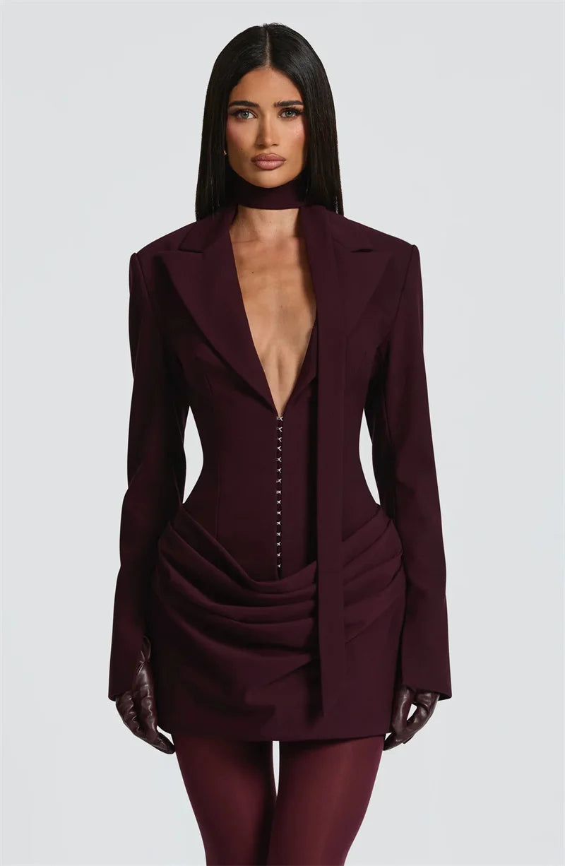 Mozision Long Sleeve Deep V Neck Ruched Sexy Mini Dress Women Autumn Winter Fashion High Waist Club Party Blazer Dresses Female