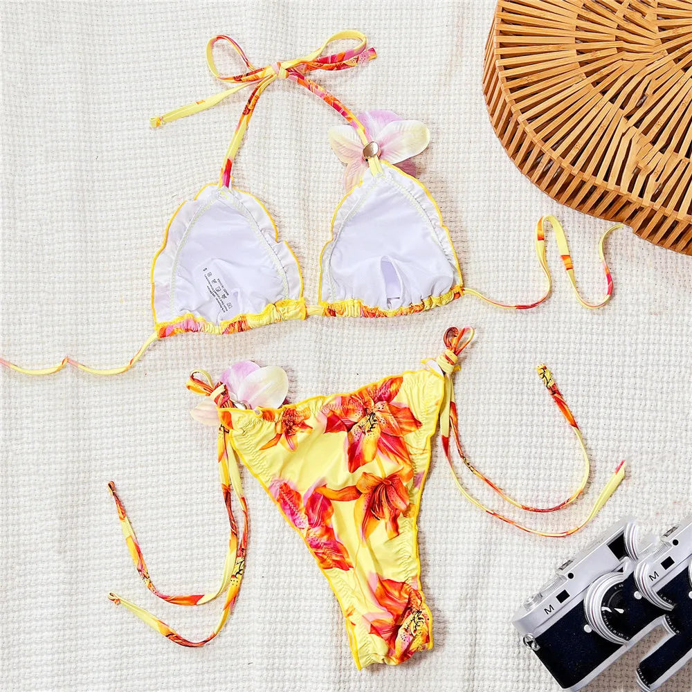 Yellow Floral Print Swimwear String Halter Micro Bikini Thong 3D Flower Sexy Swimsuit Women 2025 Bather Triangle Bikinis Sets