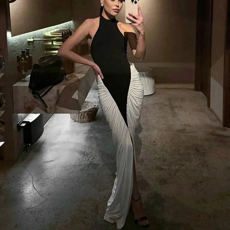 Talenza Elegant Evening Dress Women Fashion Slim Sleeveless Shrinking Clash Long Dress Vintage High Waisted Luxury Summer Dress