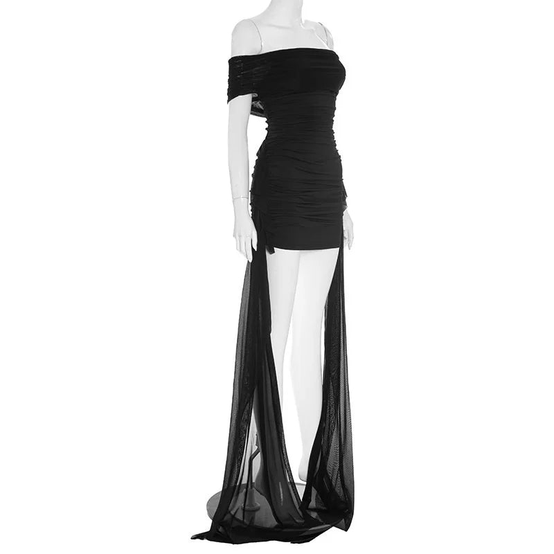 Mozision Off-shoulder Strapless Sexy Mini Dress Women Fashion Mesh Sleeveless Backless Draped Ruched Club Party Dress Female
