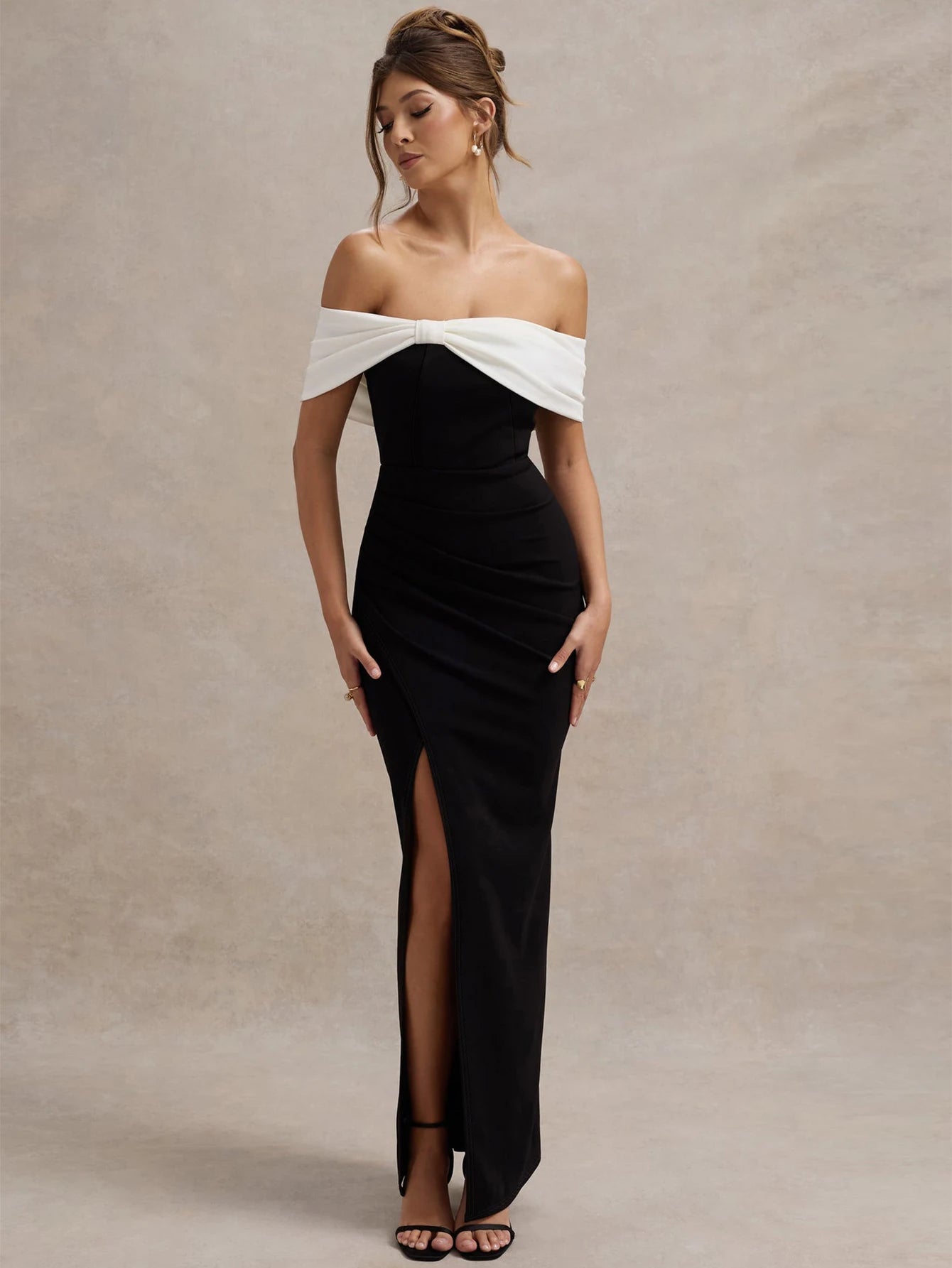 Women's Summer Sexy Off Shoulder Bow Slit Maxi Long Dress For Wedding Black and White Evening Dress Elegant Cocktail Party Dress