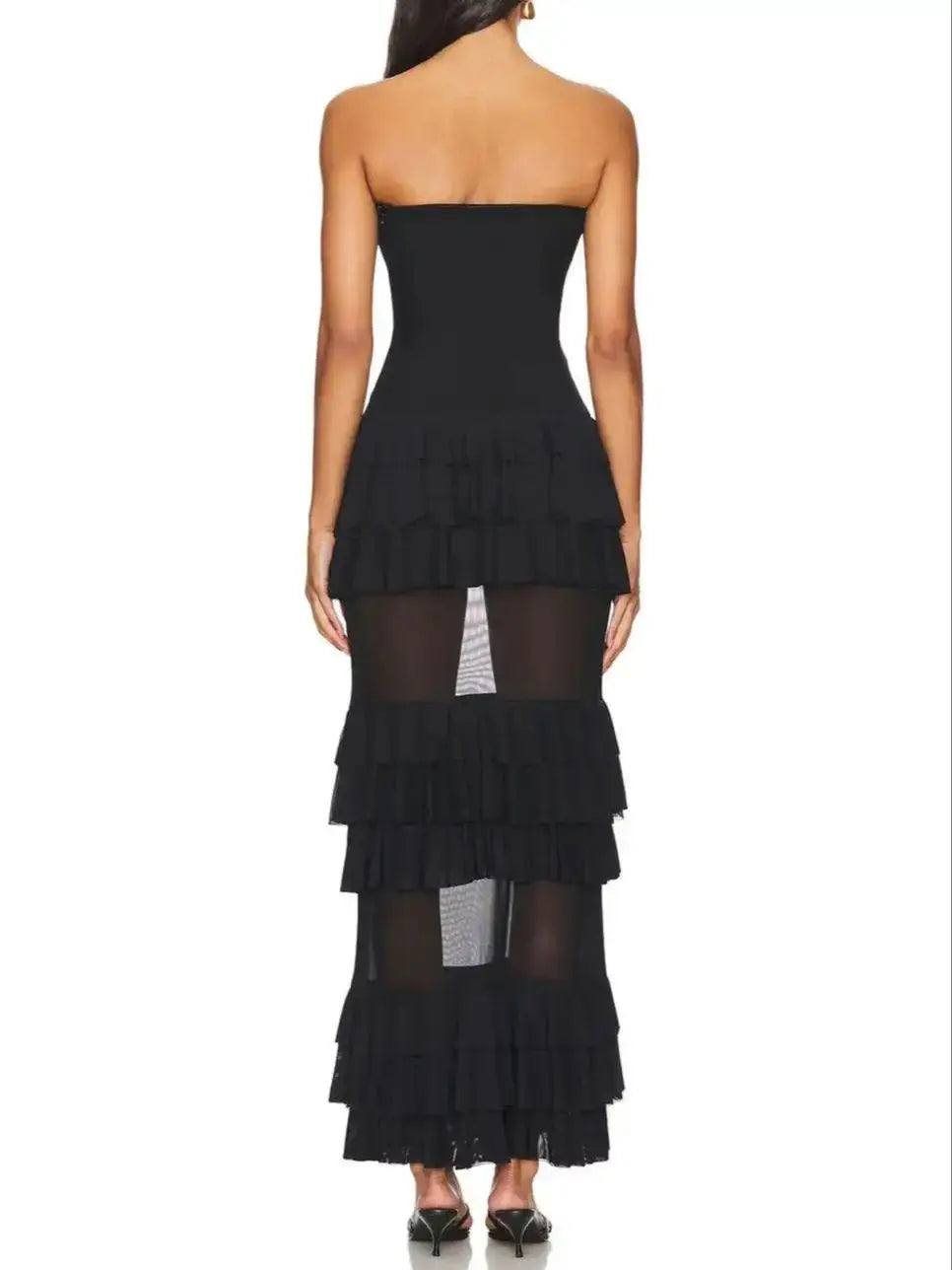 New 2025 Women Celebrity New Sexy Strapless Black Lace Mesh Long Bodycon Dress Elegant Evening Party Club Dress