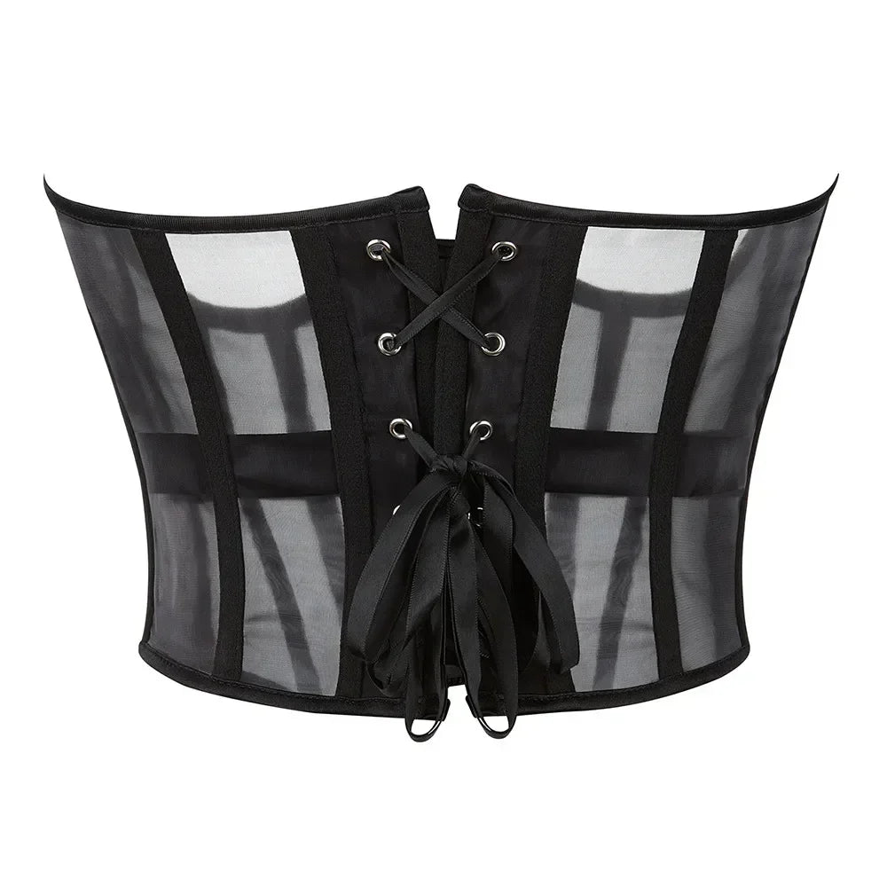 Ladies Transparent Mesh Corset Waist Training Bustier With Zipper Sexy Shaper Night Club Sweet Cropped Top