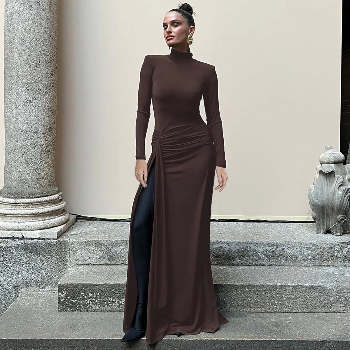 Tossy Fashion Pleated Bandage Long Dress For Women High Waist Slim Patchwork Long Sleeve Elegant Commute Women's Maxi Dress 2025