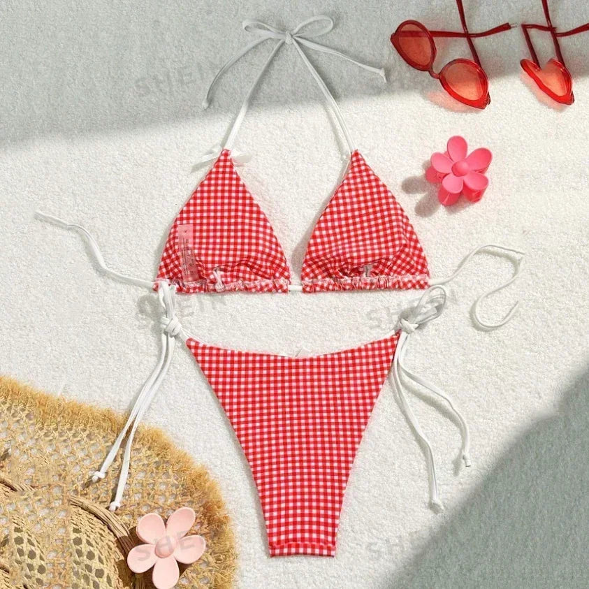 Red Plaid String Halter thong Micro Bikini for Women Mini Swimwear Lace-up Sexy Swimsuit Bathing Suit Triangle Bikinis Sets 2025