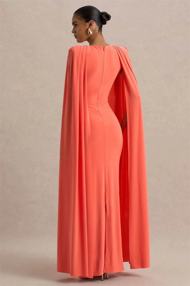 Mozision Cape Sleeve Sexy Maxi Dress Women Gown Elegant Fashion Zipper O Neck High Waist Split Club Party Long Dresses Female