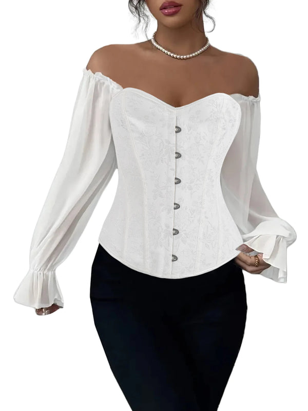 BurVogue Corset Tops for Women with Sleeves Victorian Off ShoulderOverbust Corset Vintage Steampunk Strapless Shirt Long Sleeves Wofashion.xyz