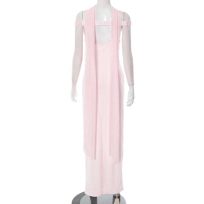 Blifanbo Sexy Elegant Ribbon Maxi Dress For Women Strapless Off-shoulder Sleeveless Backless Fashion Patchwork Party Long Dress