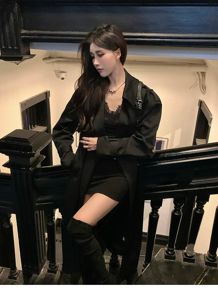 Lautaro Spring Autumn Long Black Hard Waterproof Trench Coat for Women Belt Double Breasted High Quality Luxury Overcoat 2024