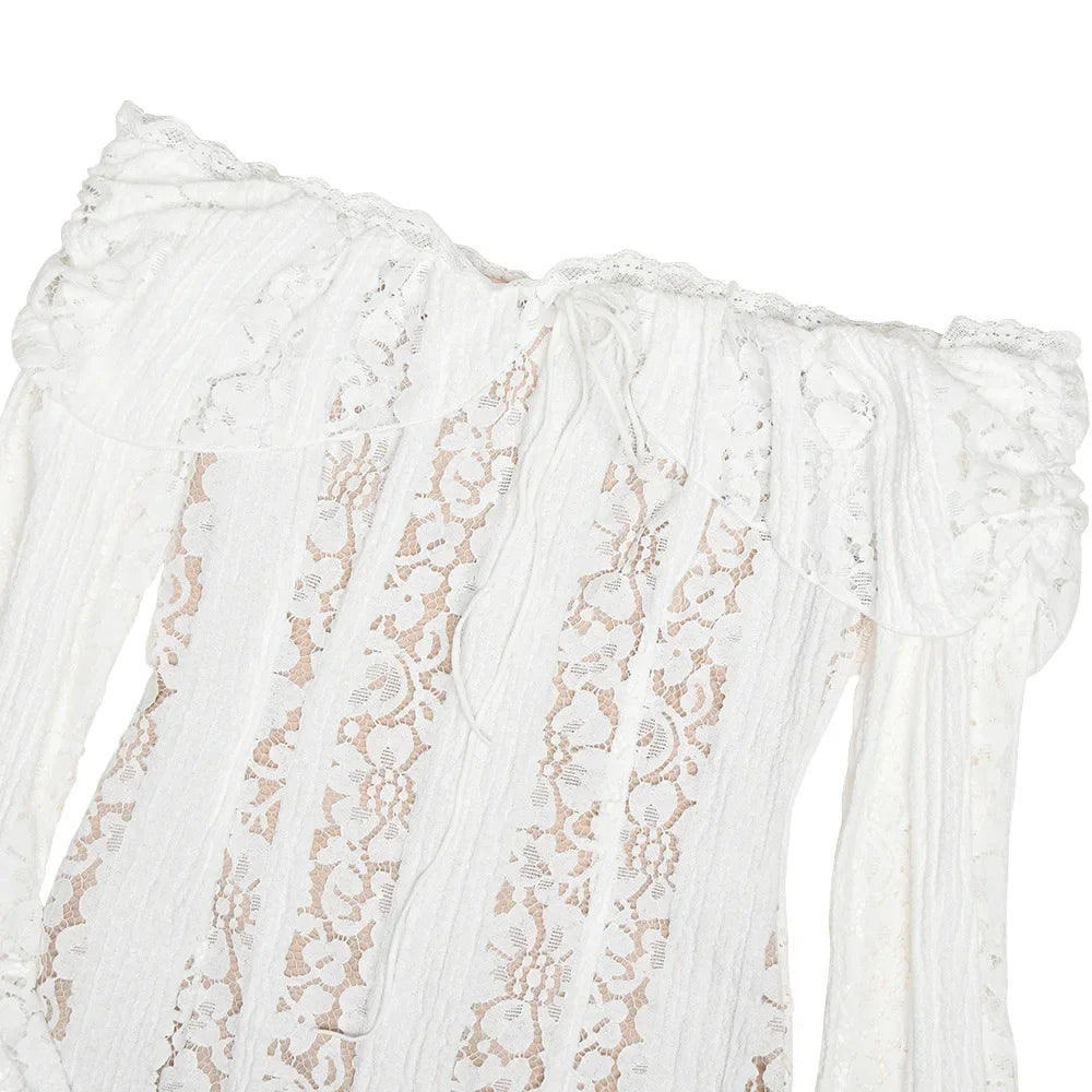 Oligai Autumn Off-Shoulder Maxi Dress Elegant Lace Flare Sleeves Red Evening Party Dress Women's New Arrival 2025 Cocktail Dress