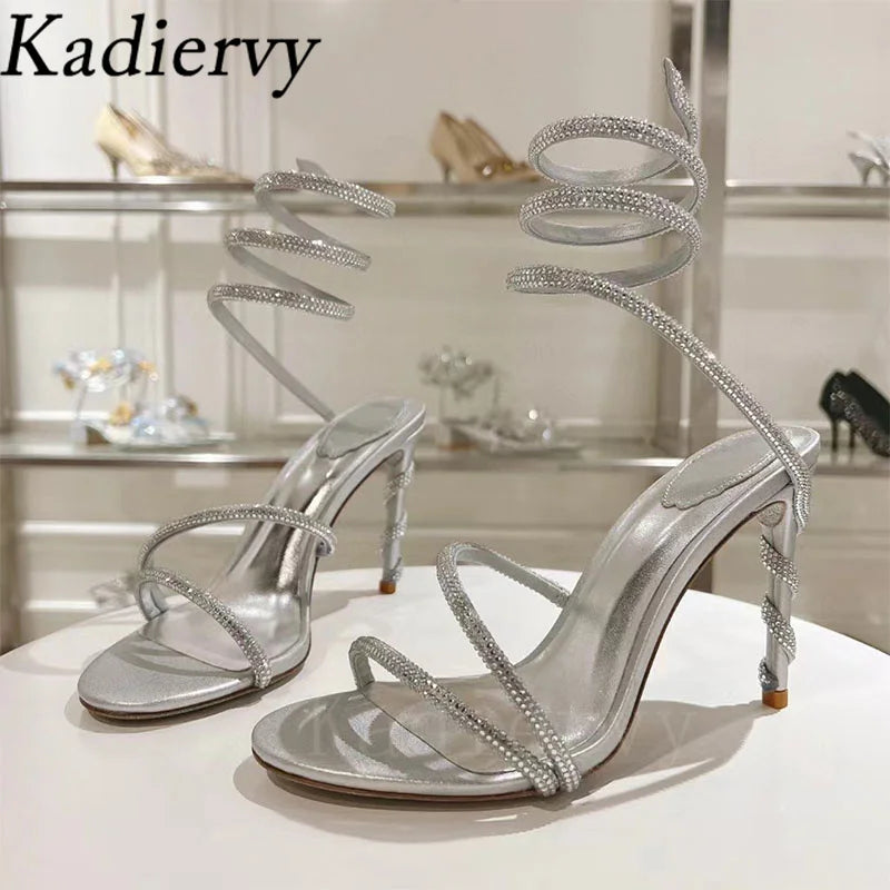 Luxury High Heels Sandals Woman Rhinestone Snake Twine Around Ankle Strap Wedding Shoes Stiletto Summer Gladiator Sandals Women