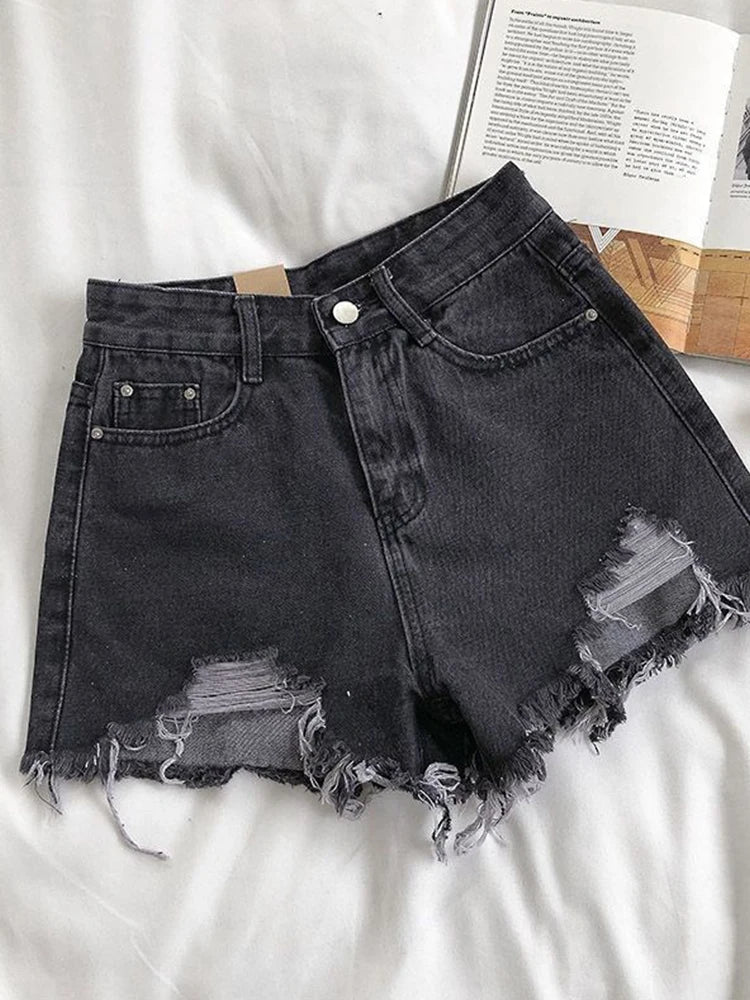Casual High Waist Denim Shorts Women Summer Pocket Tassel Hole Ripped jeans Short Female Femme Short Pants Women