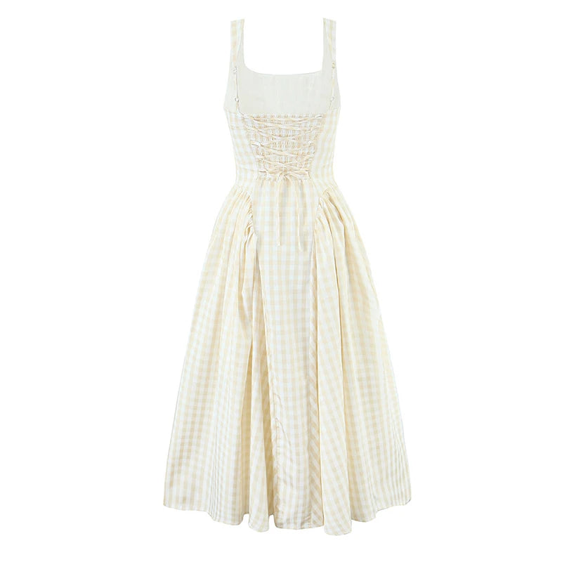 YENKYE Lace Up Bandage Plaid Sling Dress Women Elegant Square Neck Low Waist A-line Midi Summer Dresses Holiday Party Robe 2025