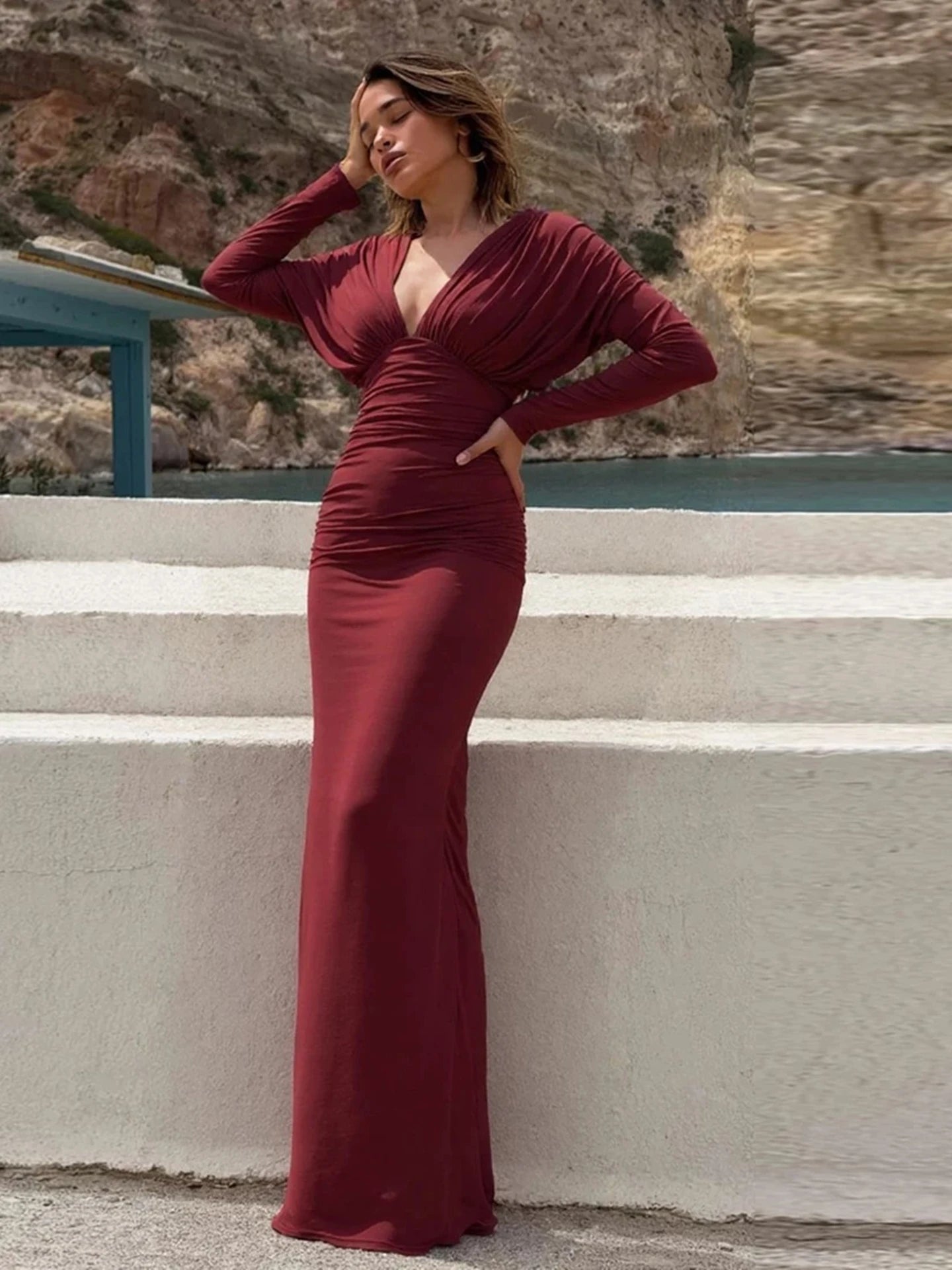 Dulzura 2025 Autumn Latest Fashion Sexy V-Neck Long Sleeve Ruched Slim Long Dress Women Casual Elegant Party Club Office Clothes