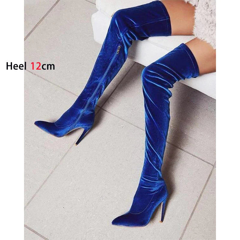 Velvet Long Boots For Women 2024 New Spring Autumn Over Knee Shoes Lady Pointed Toe Stiletto Heels Plus Size Elastic Thigh Boots