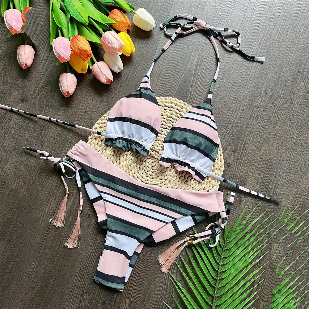 Red Striped Print String Halter Triangle Bikinis Sets Sexy Swimsuit Women Lace-up Swimwear Bathing Suit Thong Bikini 2025 Mujer