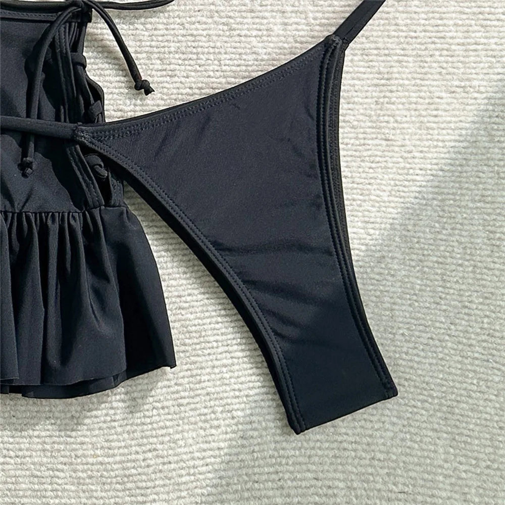 Solid White 3D Flower 3 Piece Bikini Set Skirts Mini Skirts Cover Ups Sexy Swimsuit Women 2025 Swimsuit Beachwear Thong Bikini