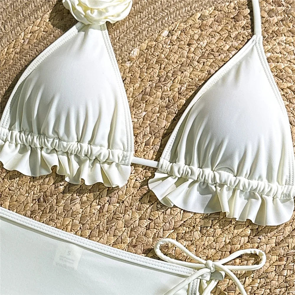 Solid White 3D Flower 3 Piece Bikini Set Skirts Mini Skirts Cover Ups Sexy Swimsuit Women 2025 Swimsuit Beachwear Thong Bikini