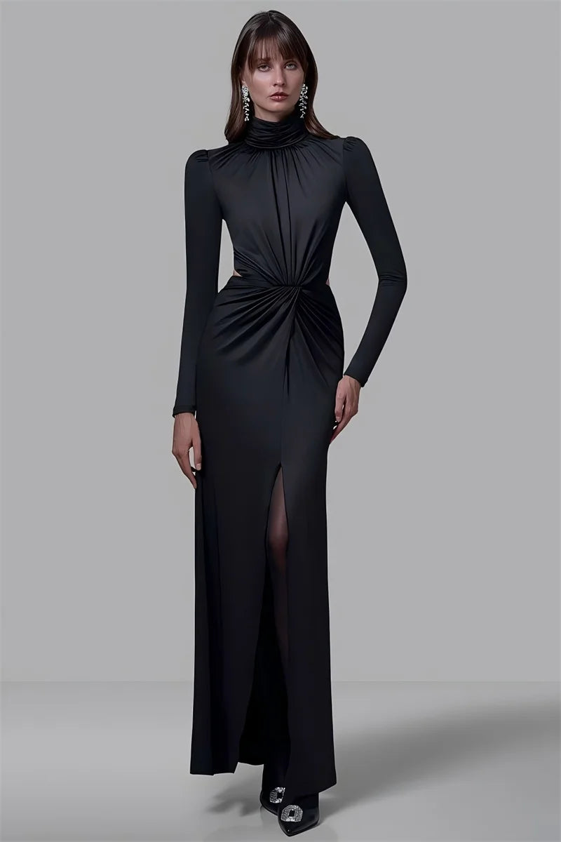 Mozision Turtleneck Backless Sexy Maxi Dress Women Gown Autumn Winter Elegant Long Sleeve Thigh High Split Club Party Long Dress