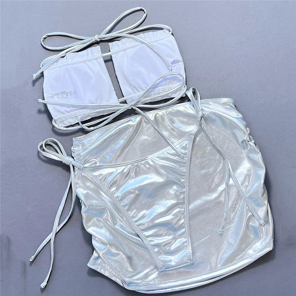 Sexy Silver Swimsuit Cover Ups Women Ruffled Bandeau 3 Piece Bikini Set Swimwear Micro Thong Mini Skirt Beachwear String Bikinis