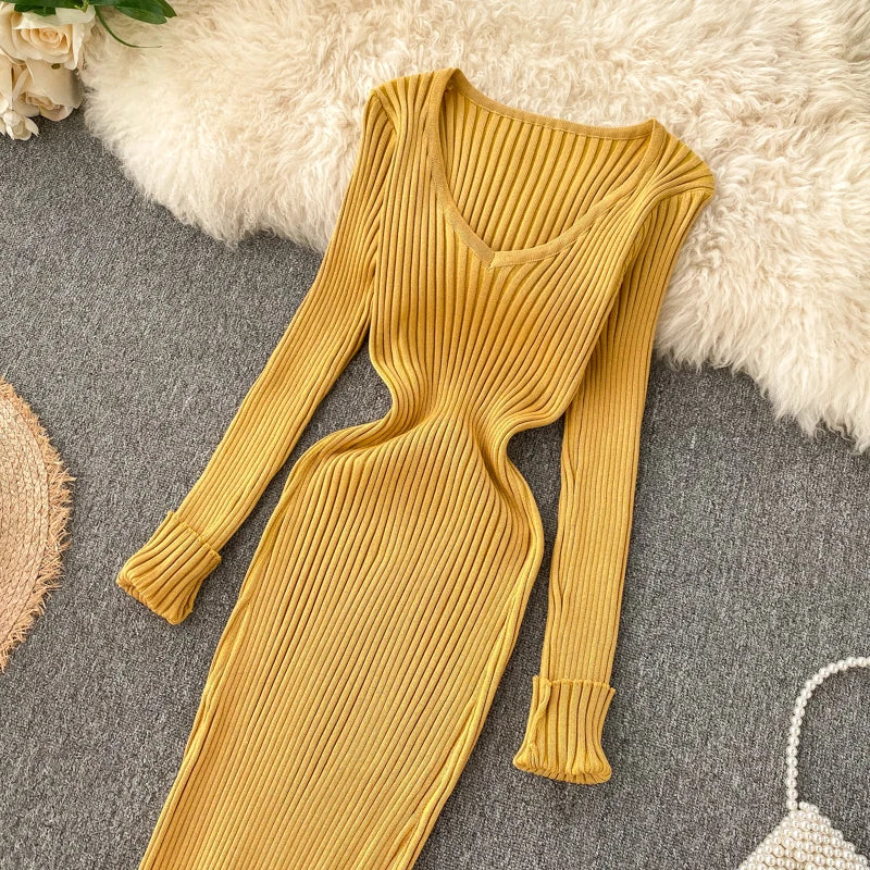 Women's Knitted Midi Dr Pure Color Long Sve Slim Fit High Waist V-Ne Korean Sle Faionable Autumn Winter Dr