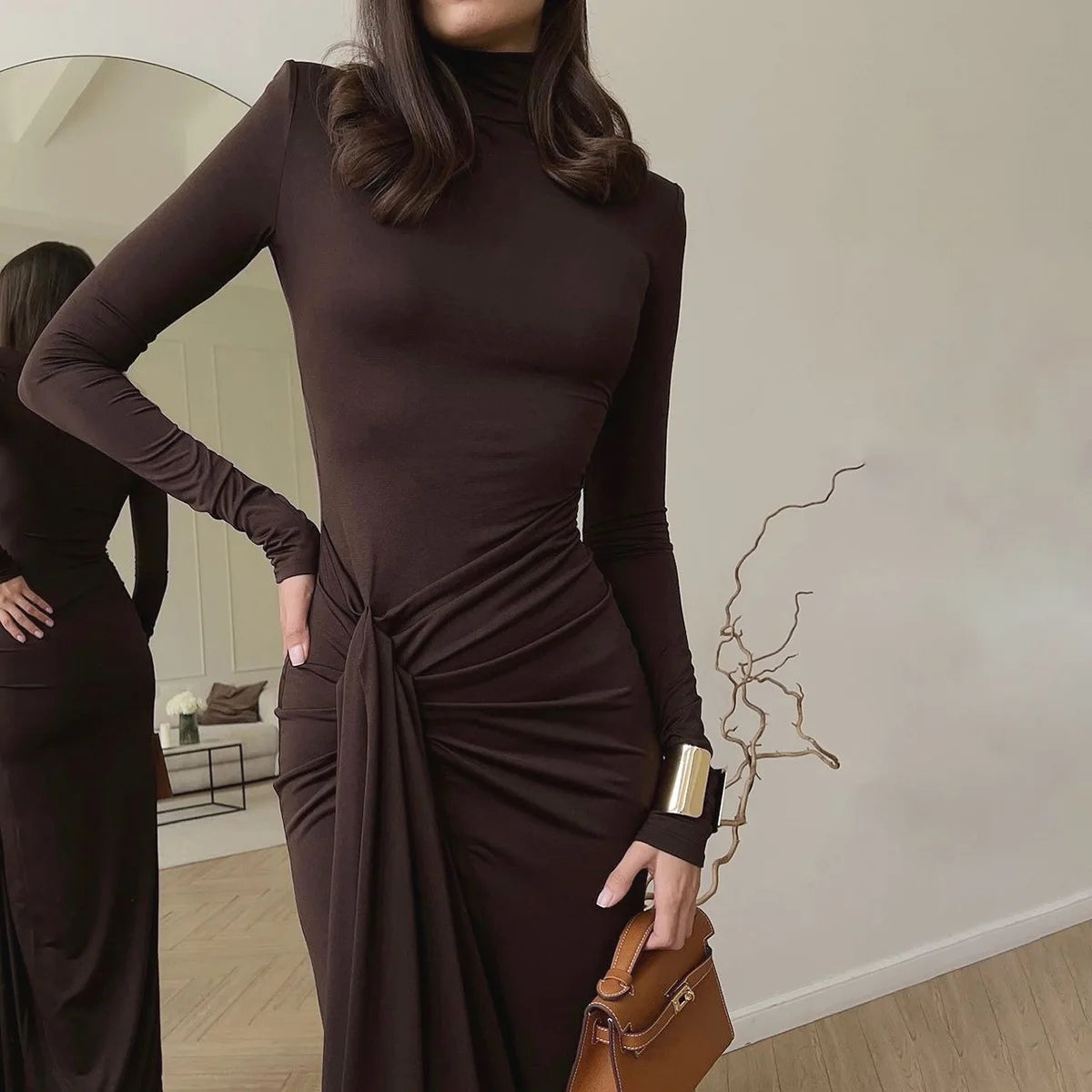 Tossy Fashion Pleated Bandage Long Dress For Women High Waist Slim Patchwork Long Sleeve Elegant Commute Women's Maxi Dress 2025