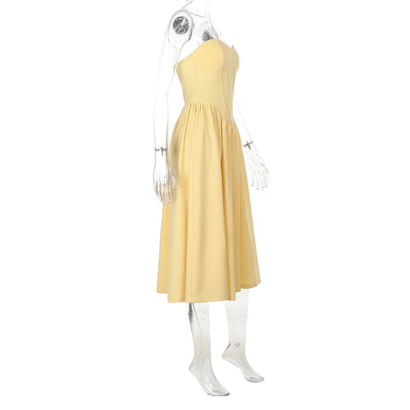 NIDANSSI Yellow Strapless Backless Evening Party Dress Women Pleated Bodycon Elegant Sexy Dress Midi Long Summer Dress Vestidos