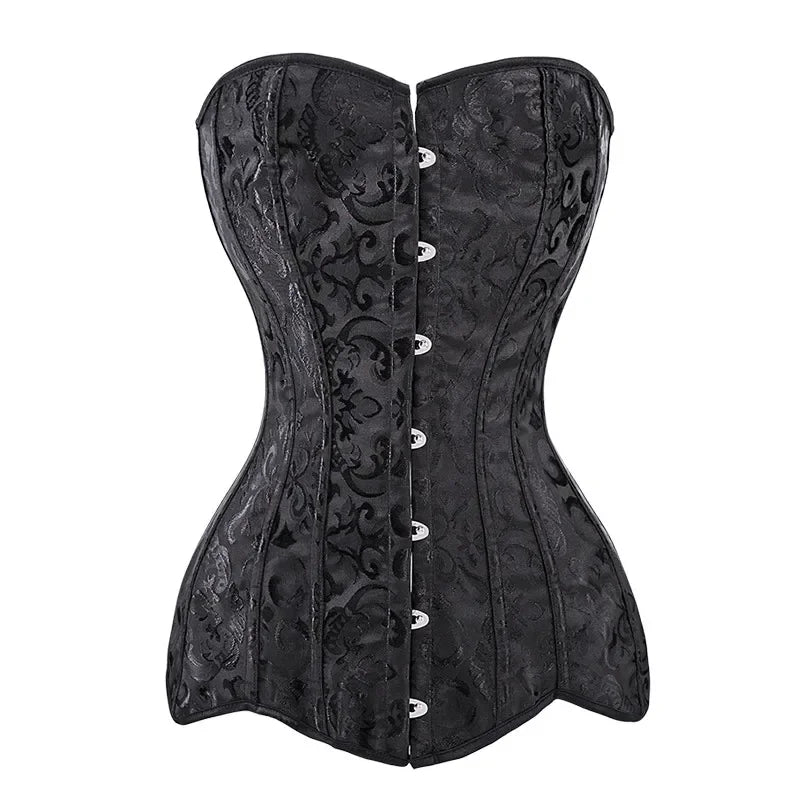 Long Torso Corset Top Sexy Woman Push Up Bustier Overbust Lace Up Corselet Floral Vintage Victorian Fashion Black Plus Size Wofashion.xyz