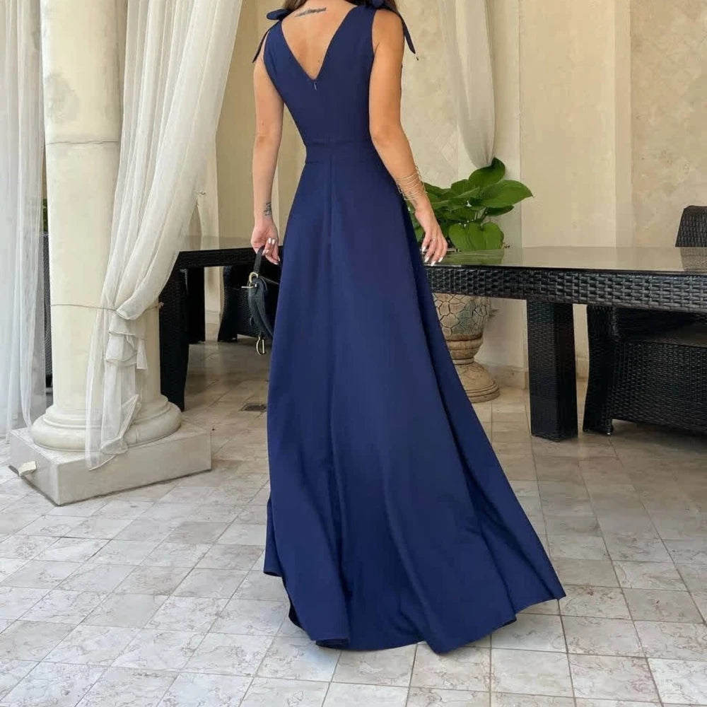 Elegant Summer Maxi Dress for Women High Waist V-Neck Bowknot Strap Side Split Long Evening Party Gown Female Cross Design