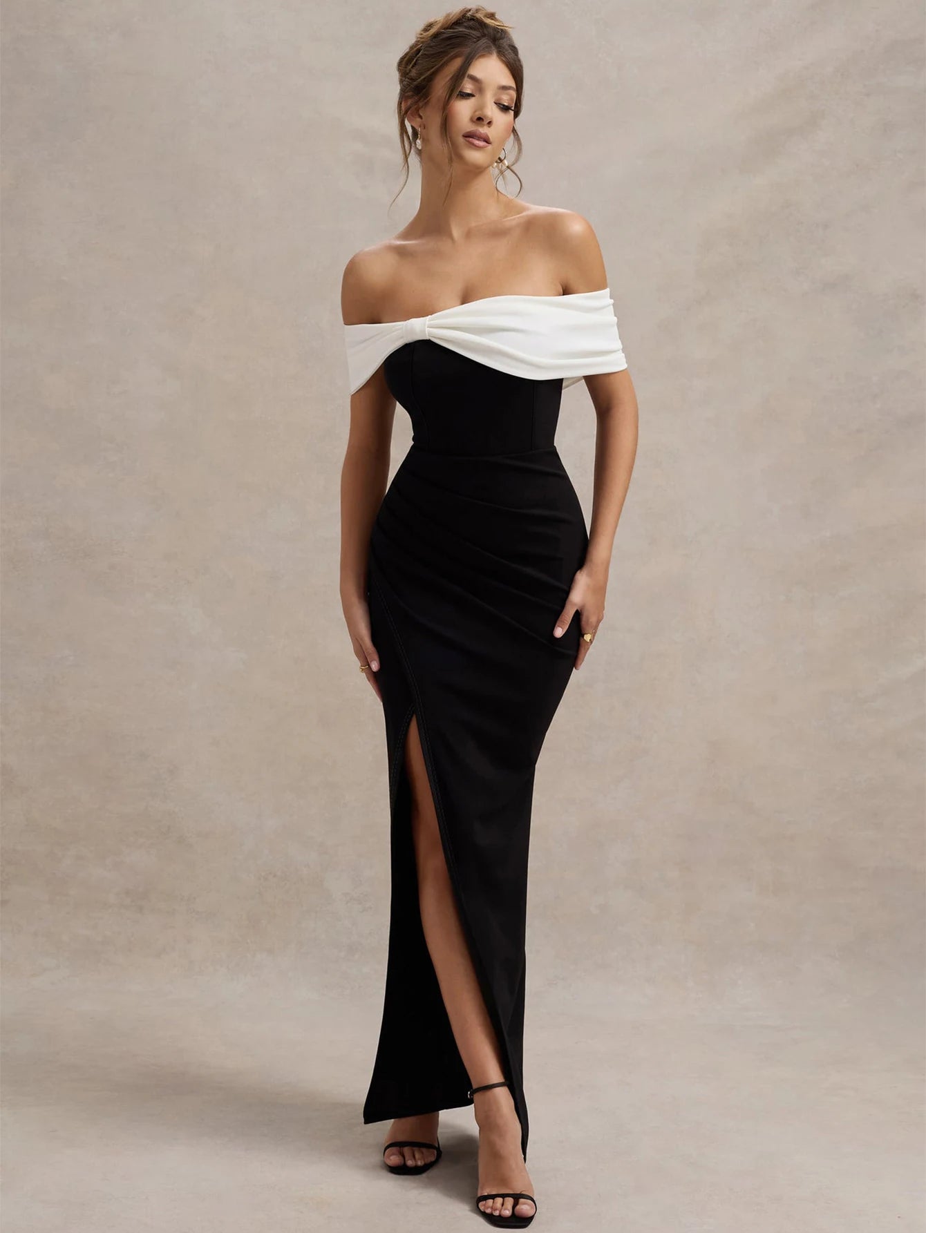 Women's Summer Sexy Off Shoulder Bow Slit Maxi Long Dress For Wedding Black and White Evening Dress Elegant Cocktail Party Dress Wofashion.xyz