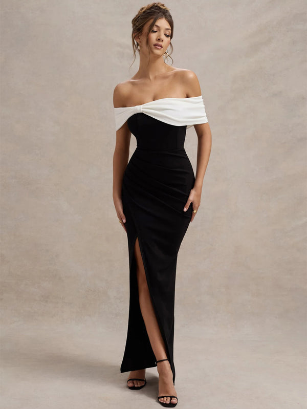 Women's Summer Sexy Off Shoulder Bow Slit Maxi Long Dress For Wedding Black and White Evening Dress Elegant Cocktail Party Dress Wofashion.xyz