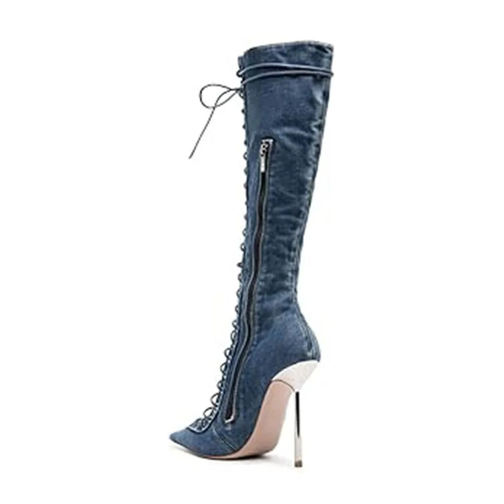 2024 New High Quality Lace up Cool Boots European and American Sexy Nightclub Slim High Heel Show Shoes Zipper Boots