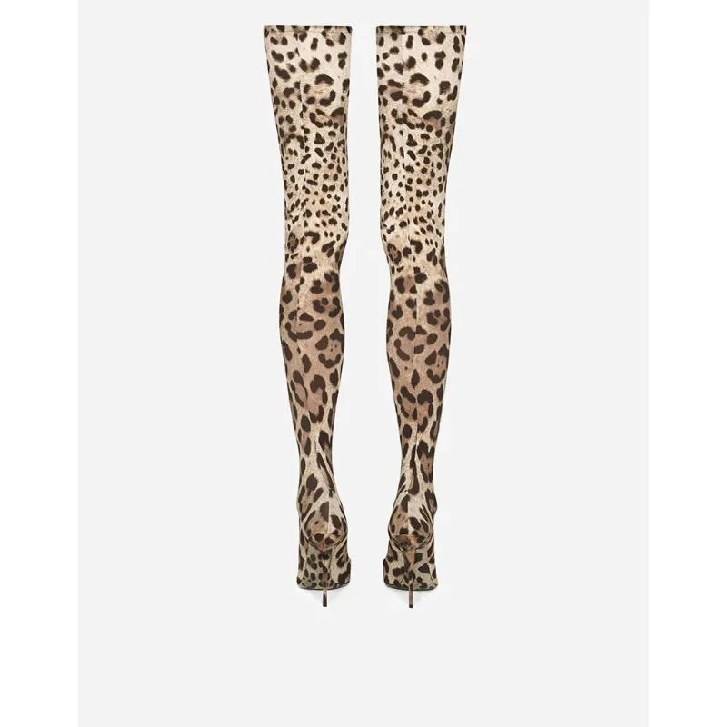European and American Sexy Leopard Print Knee Length Elastic Sleeve Boots, Nightclub Runway Boots, Women's Four Season Boots