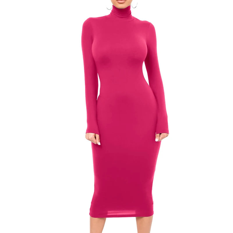 Winter Black Turtleneck Sexy Women Dress Autumn Long Sleeve Skinny Midi Boydcon Casual Blue Plush Knee-Length Party Club