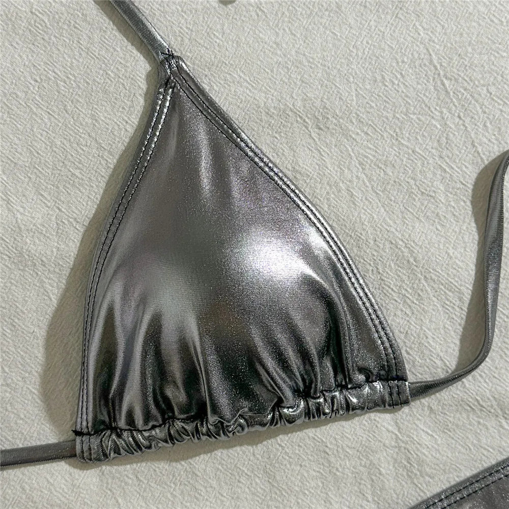 Gold Micro Thong String 3 Piece Bikini Set Damen Halter Swimwear Skirts Cover Ups Sexy Swimsuit Women 2025 Bathing Suit Bikinis