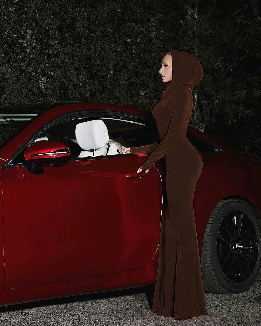 DSMTRC High Street Red Christma Hooded Long Sleeve Maxi Dress for Woman Slim Solid Bodycon Party Vestidos Elegant Autumn Dresses