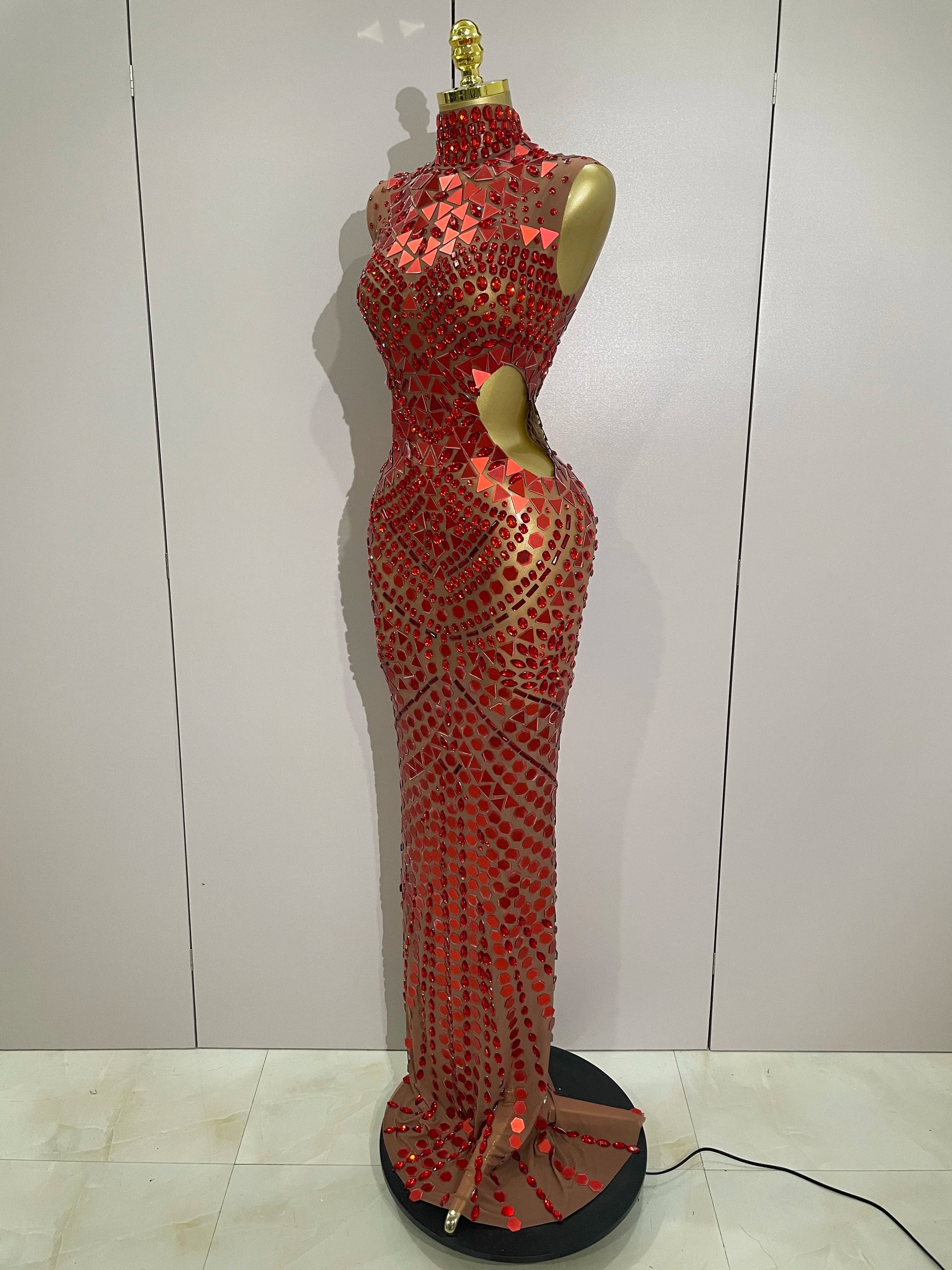 Luxury Shiny Mirror Rhinestones Hollowed-out Long Dress 2025Women Celebrity Evening Party Catwalk Prom Stage Photo Shoot Dresses