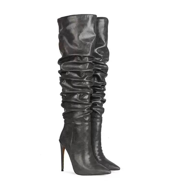 2024 Autumn and Winter New Fashionable High-heeled Pleated Sleeve Boots, European and American Sexy Fashion Runway Boots
