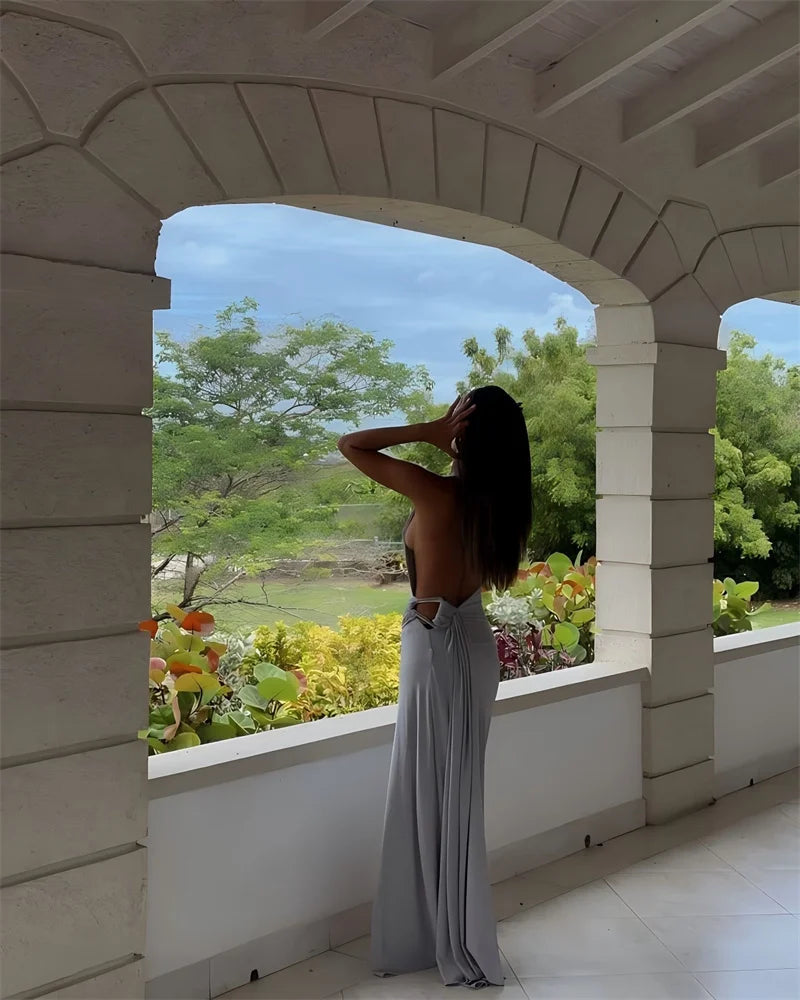 Mozision One Shoulder Backless Sexy Maxi Dress Women Gown Fashion Metal Buckle Diagonal Collar Sleeveless Draped Club Long Dress