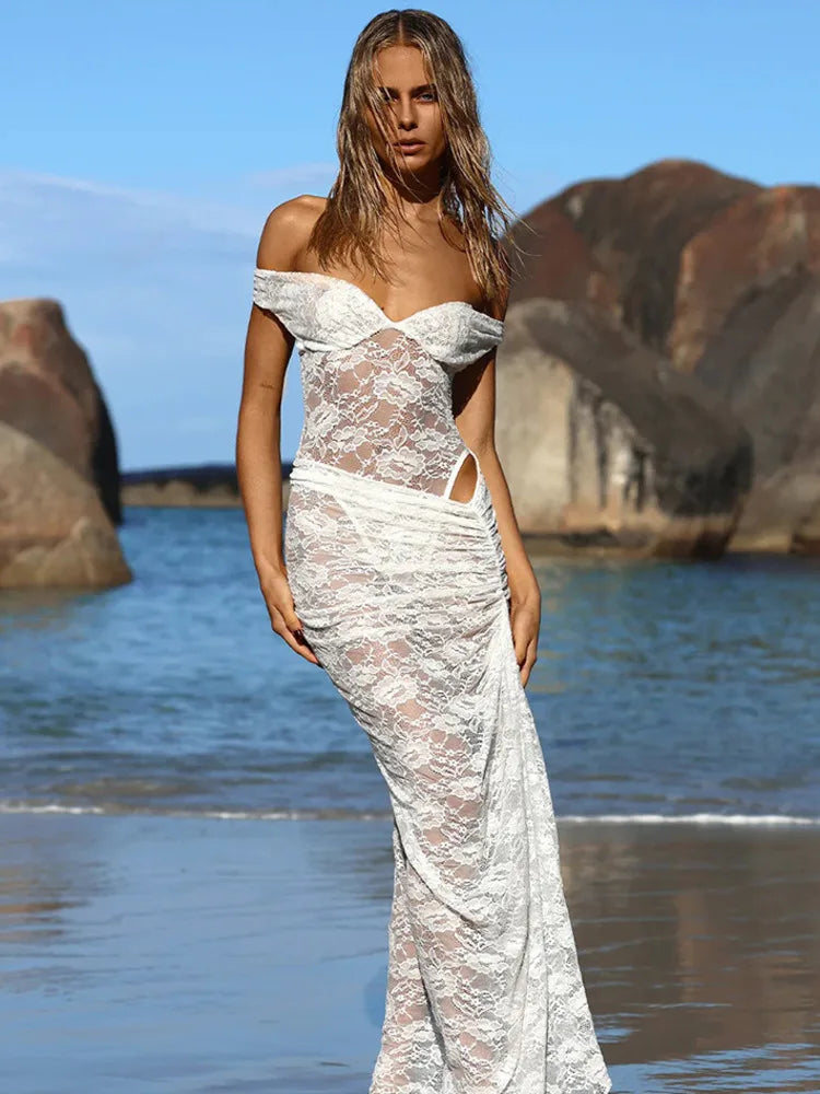 Mozision Lace See Through Sexy Two Piece Set Women Elegant Off-shoulder Backless Bodysuit And Maxi Skirt Matching Club Dress Set