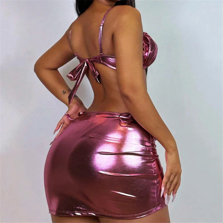 Shiny Pink Micro Thong 3 Piece Bikini Set Damen Women 2025 Sexy Swimsuit with Skirt Cover Up Bandeau Swimwear Beachwear Bikinis