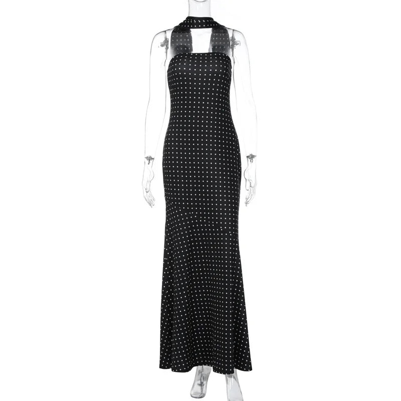 Mozision Polka Dot Strapless Sexy Maxi Dress Women Gown Elegant Scarf Collar Off-shoulder Backless Sleeveless Club Party Dress