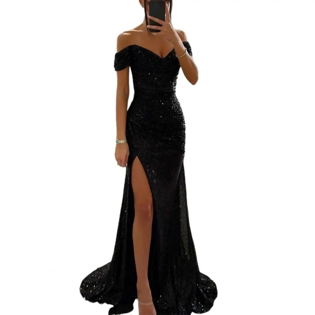 2025 Elegant Off-shoulder Gown Dress V-Neck Sequin Pleated Short Sleeve Waist Tight Maxi Dress Split Evening Party Prom Dress