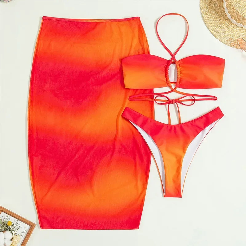 Orange Tie Dye Print Swimwear with Skirts 3 Piece Bikini Set Sexy Swimsuit Women Beach Swimming Wear String Halter Bikinis Thong