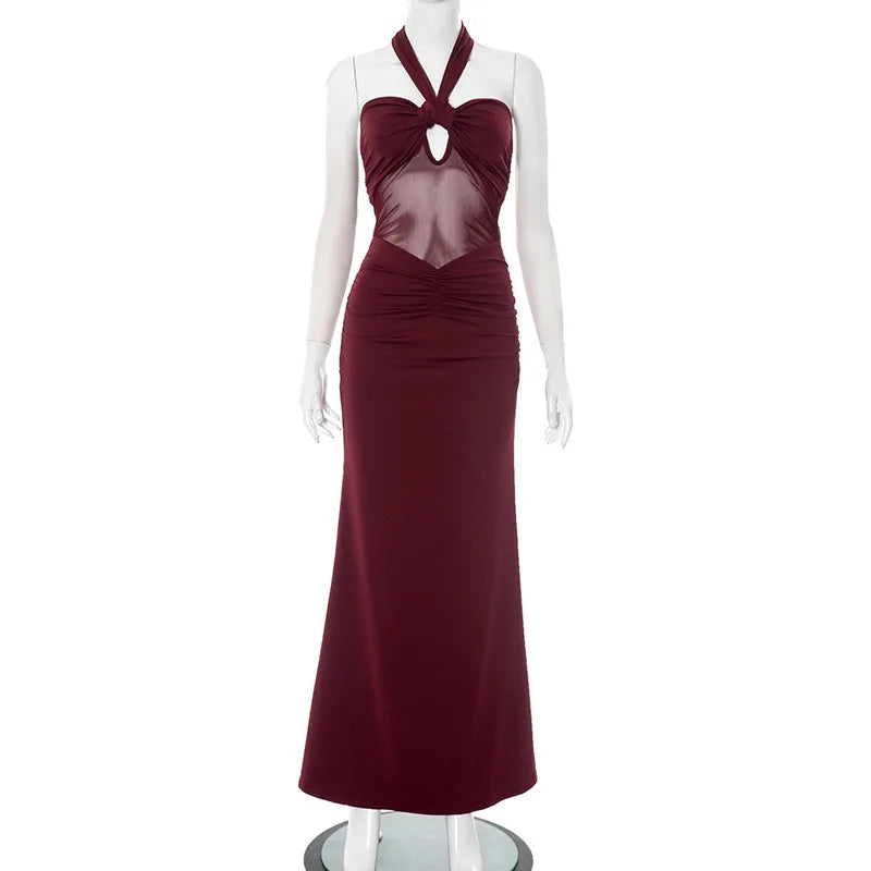 Mozision Hollow Out Halter Sexy Maxi Dress Women Gown Summer New See Through Mesh Sleeveless Backless Bodycon Club Long Dress