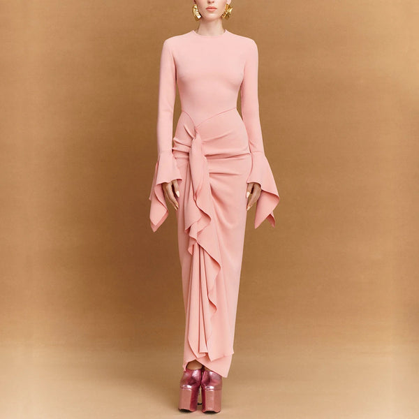 Pink Evening Dress Maxi O Neck Long Sleeves Ruffle Sheath Modest Evening Gowns for Women 2025 Column Formal Party Dresses Wofashion.xyz