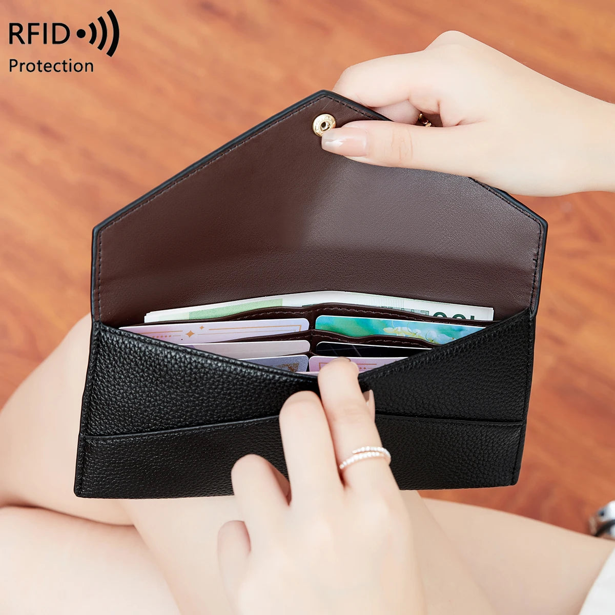 RFID Anti-Theft Purse for Women, Lychee Print, Soft Leather, Envelope Long Wallet, Ultra-thin, Portable, Simple Hand Bag
