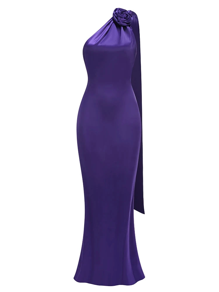 Sexy Halter Neck 3D Flower Design Backless Long Dress Women Purple Sleeveless Ribbon Draped Maxi Dresses Elegant Evening Party
